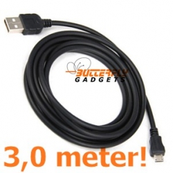 USB data sync kabel voor Samsung Galaxy, HTC, Nokia (zwart, superlang, 3,0 meter)