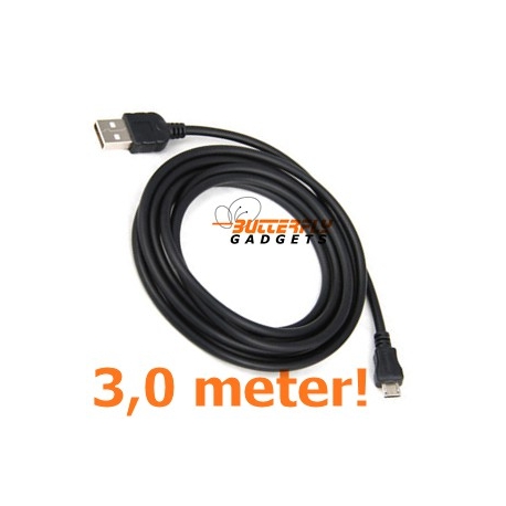 USB data sync kabel voor Samsung Galaxy, HTC, Nokia (zwart, superlang, 3,0 meter)