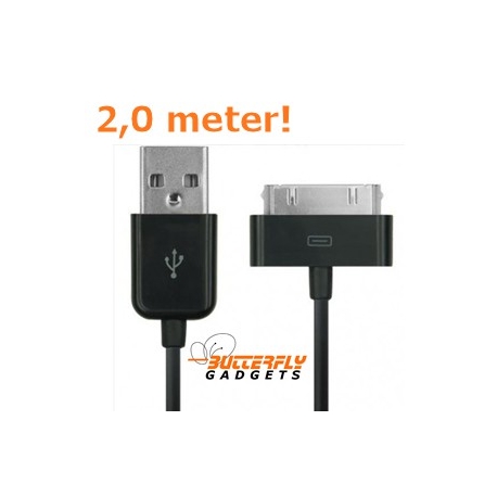 USB data sync kabel voor de iPhone en iPad (zwart, extra lang, 2,0 meter)