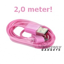 USB data sync kabel voor de iPhone en iPad (roze, extra lang, 2,0 meter)